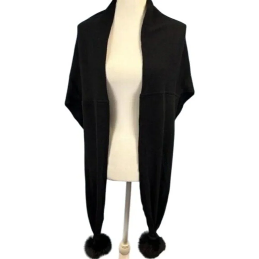Made in INDIA Black POM Fur Sweater Poncho Drape Shawl sizes Medium & Large